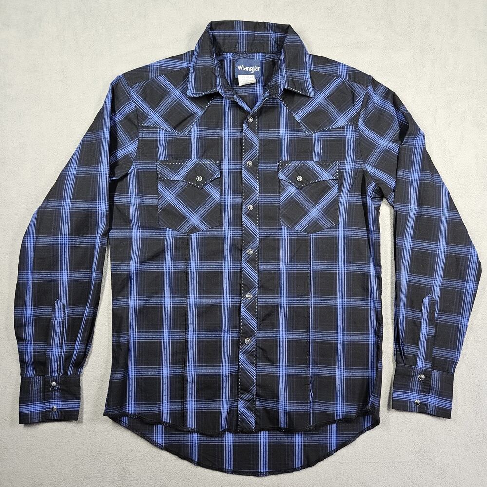 Wrangler Pearl Snap Shirt Mens Medium Button Down Black Plaid Cowboy Western - Picture 1 of 11
